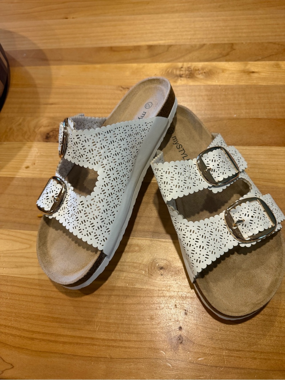 Women's White Perforated Dual-Buckle Slide Sandals